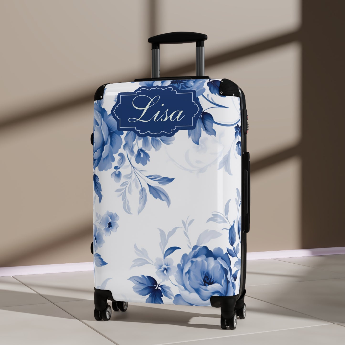 Custom Blue & White Floral Toile Suitcase - Elegant Travel Essential with Personalized Blue Frame - Available in 3 Sizes