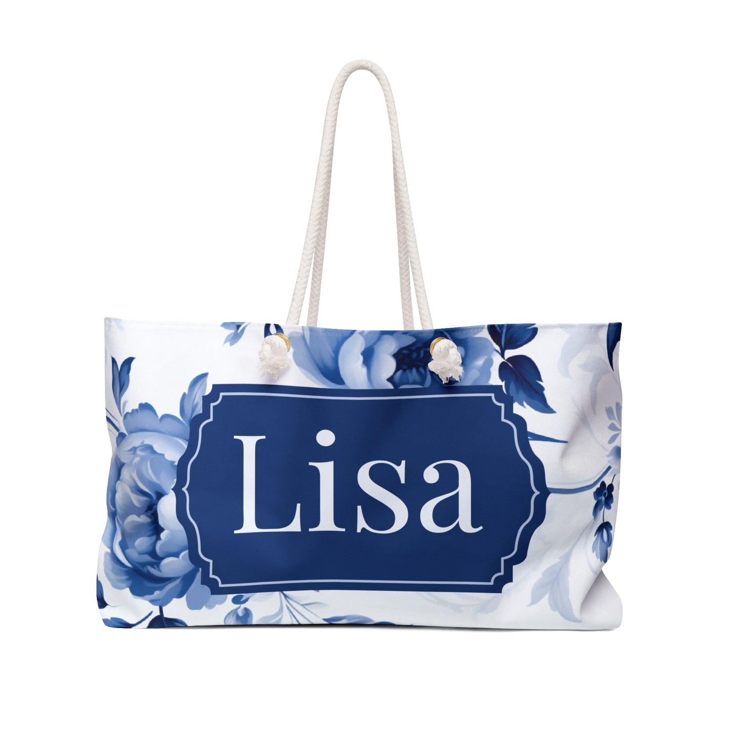 Blue Toile Custom Tote Bag - Chic Blue & White Floral Design - Customizable Large Carry-All