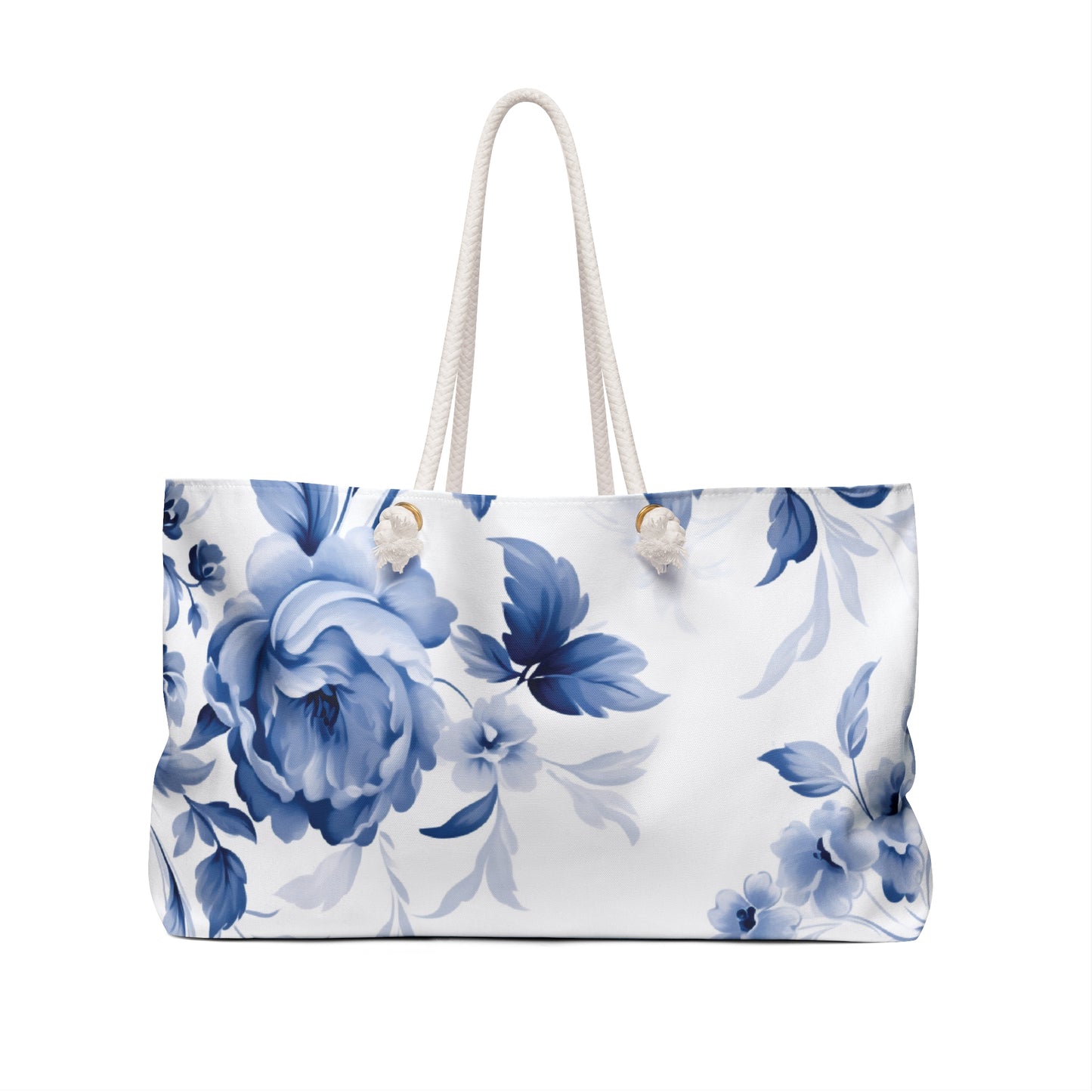 Personalized Blue Frame Toile Tote Bag - Chic Blue & White Floral Design - Customizable Large Carry-All