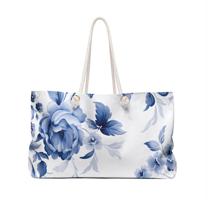 Personalized Blue Frame Toile Tote Bag - Chic Blue & White Floral Design - Customizable Large Carry-All