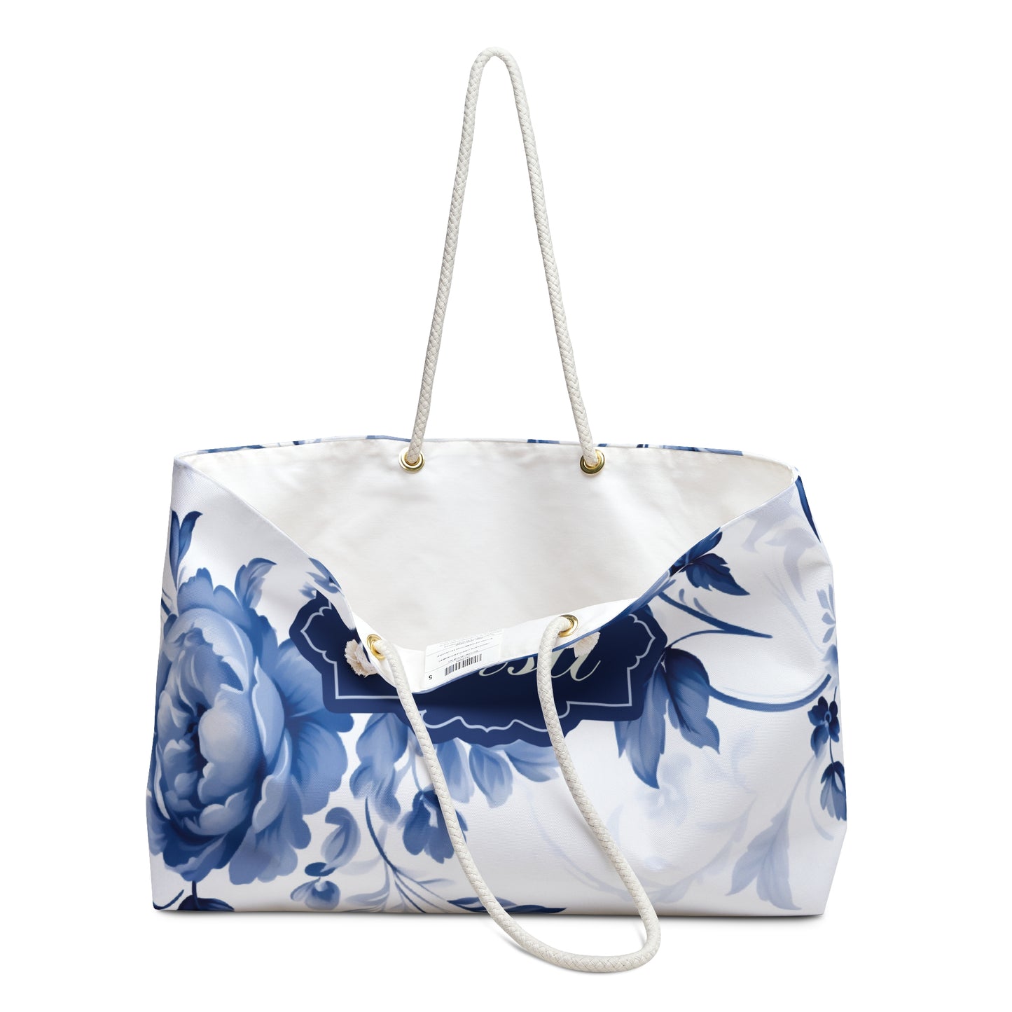 Personalized Blue Frame Toile Tote Bag - Chic Blue & White Floral Design - Customizable Large Carry-All