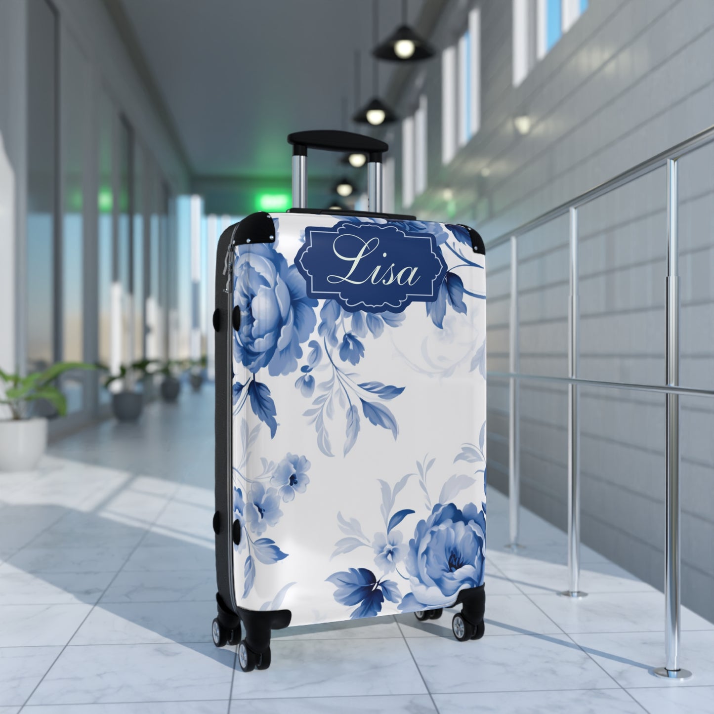 Custom Blue & White Floral Toile Suitcase - Elegant Travel Essential with Personalized Blue Frame - Available in 3 Sizes