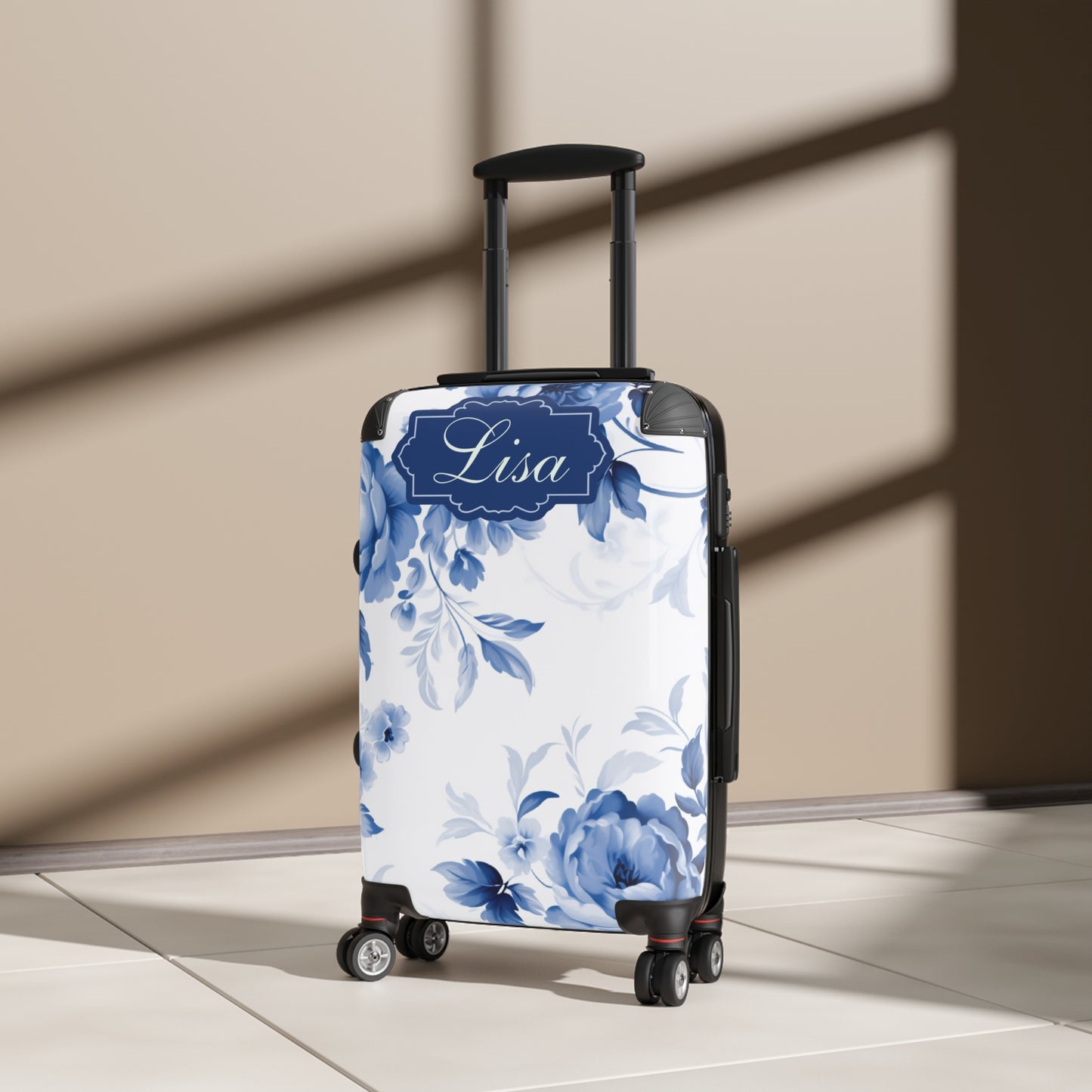 Custom Blue & White Floral Toile Suitcase - Elegant Travel Essential with Personalized Blue Frame - Available in 3 Sizes