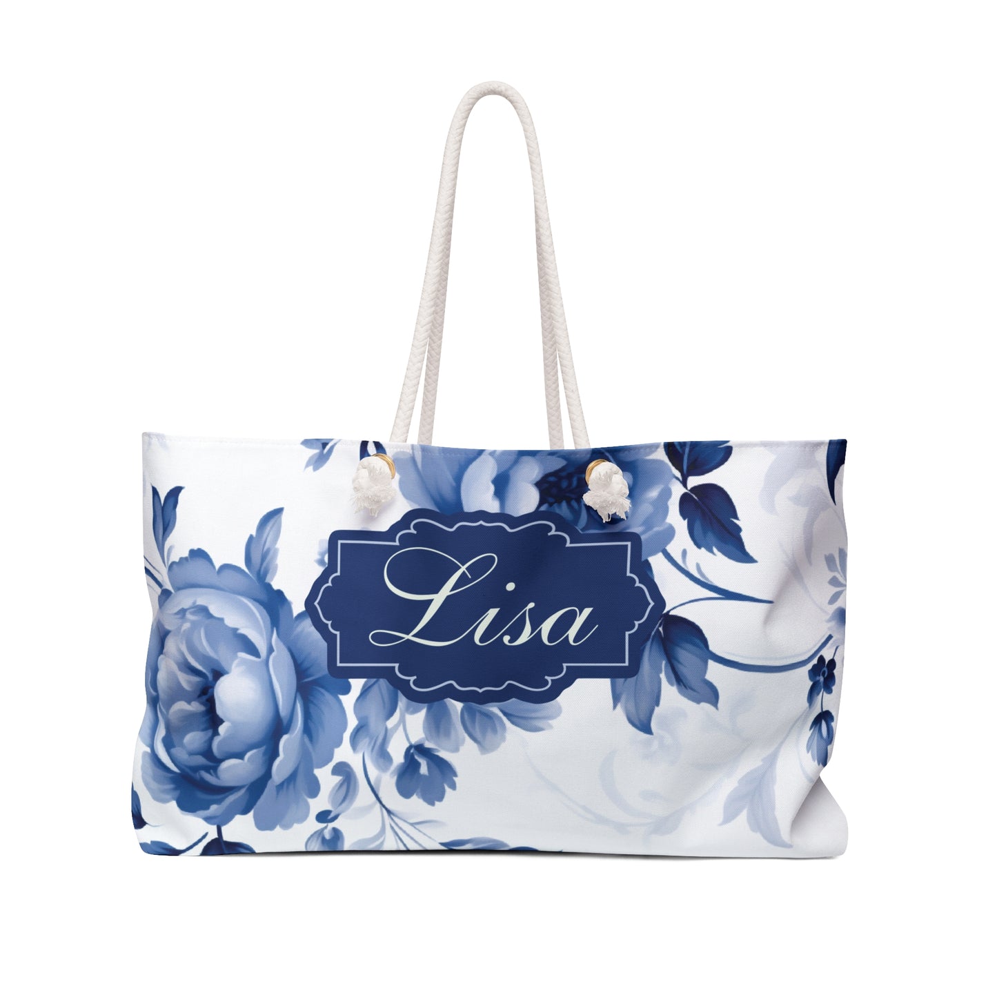 Personalized Blue Frame Toile Tote Bag - Chic Blue & White Floral Design - Customizable Large Carry-All