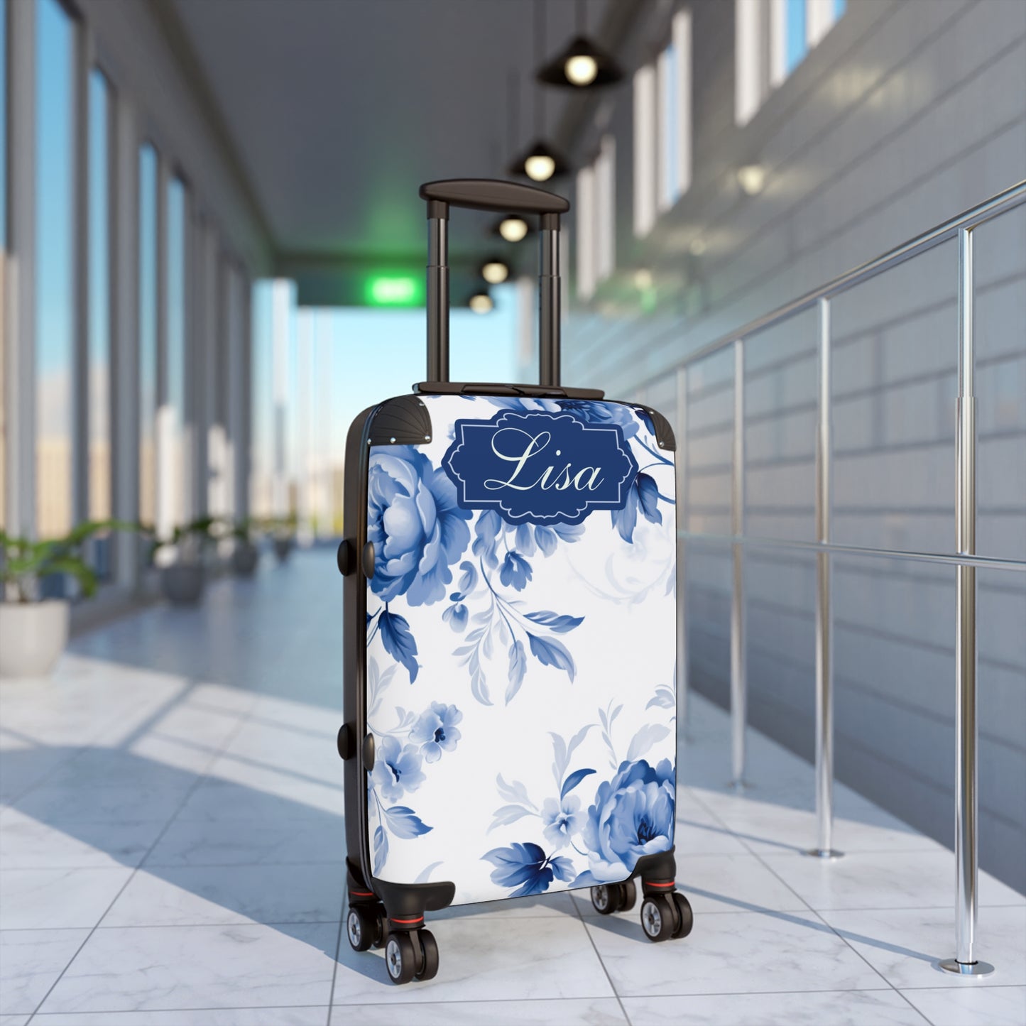 Custom Blue & White Floral Toile Suitcase - Elegant Travel Essential with Personalized Blue Frame - Available in 3 Sizes