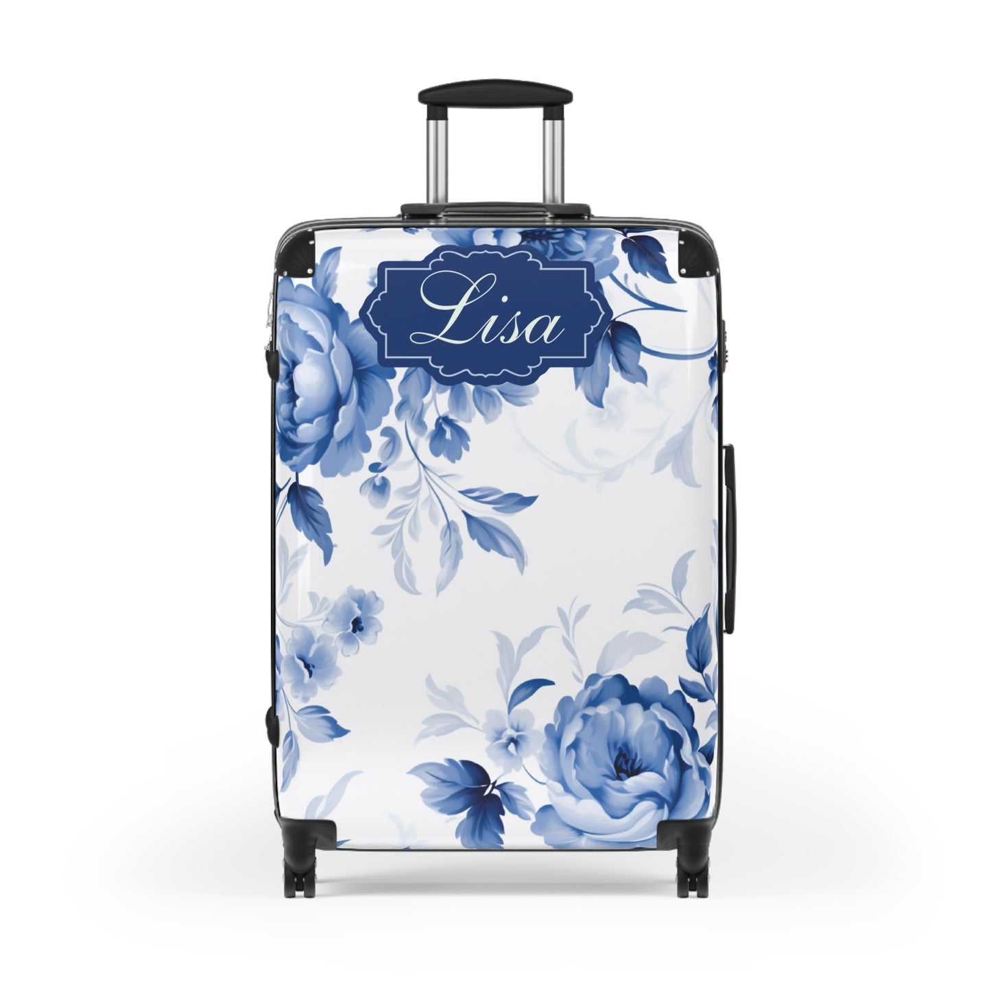 Custom Blue & White Floral Toile Suitcase - Elegant Travel Essential with Personalized Blue Frame - Available in 3 Sizes