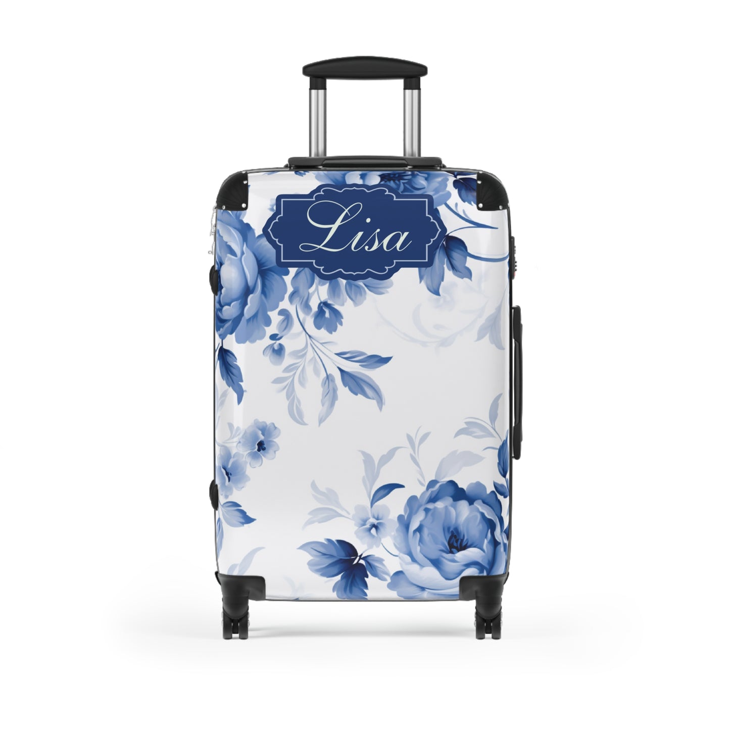 Custom Blue & White Floral Toile Suitcase - Elegant Travel Essential with Personalized Blue Frame - Available in 3 Sizes