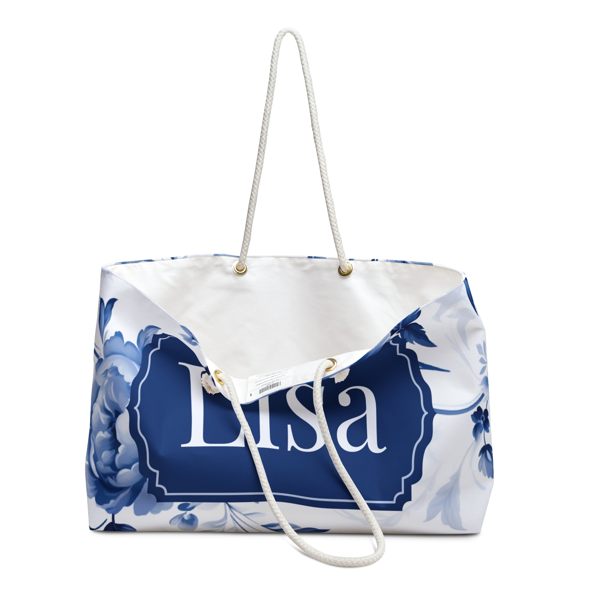 Blue Toile Custom Tote Bag - Chic Blue & White Floral Design - Customizable Large Carry-All