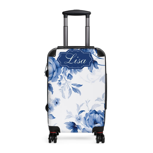 Custom Blue & White Floral Toile Suitcase - Elegant Travel Essential with Personalized Blue Frame - Available in 3 Sizes