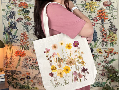 Wildflowers Graphic Canvas Tote for Women, Floral Bag, Boho Wildflowers Cottagecore Shirt,Vintage Botanical sack